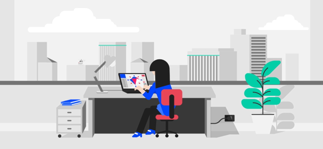 Graphic of woman sitting at desk in front of a PC with large window ahead
