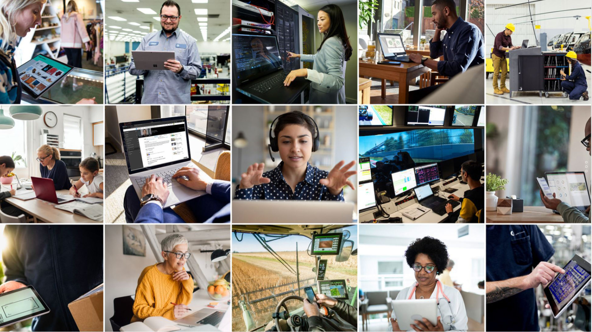 Grid of photos showing people utilizing tech skills