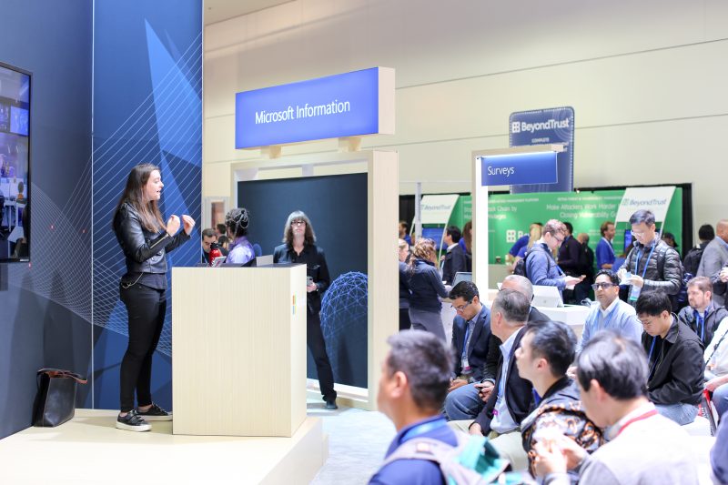 Kelly Anderson, Microsoft product marketing manager, addresses a crowd at the Microsoft booth during RSA on April 17, 2018.