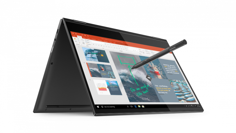 "Ein Bild des Lenovo Yoga C630 WOS auf dem eine Präsentation mit dem Pen bearbeitet wird"