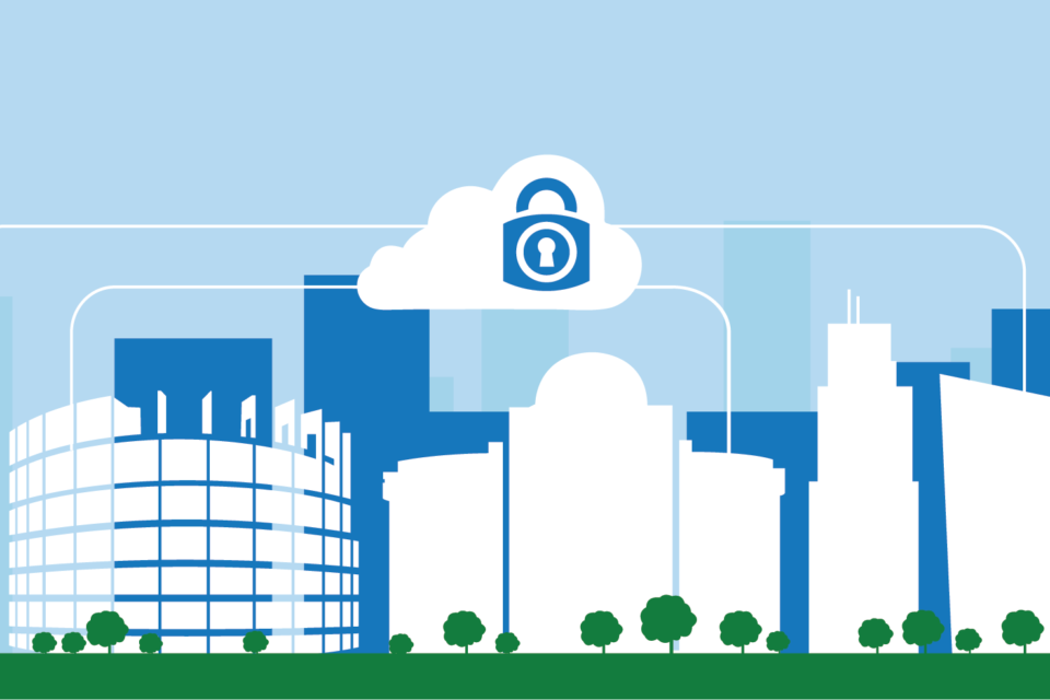 Illustration of buildings in EU and cloud protection