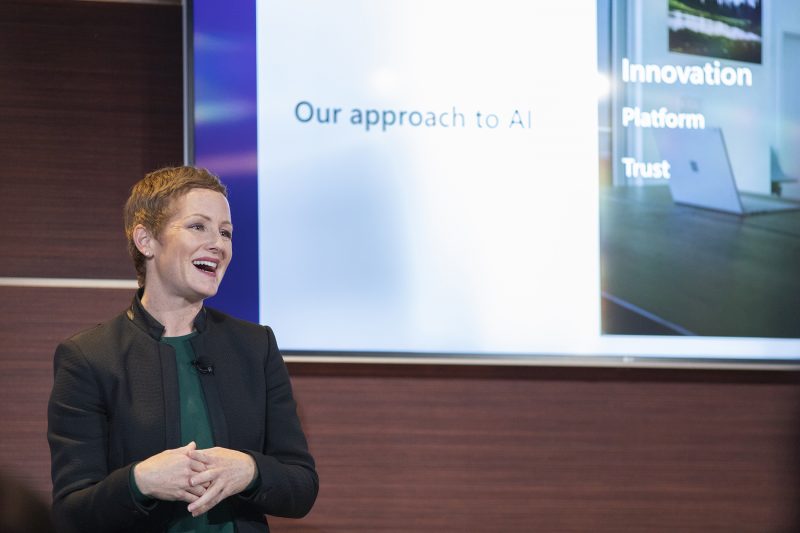 Microsoft CVP of Azure Julia White speaks on stage at Conversations on AI, a Microsoft event in San Francisco, Calif.