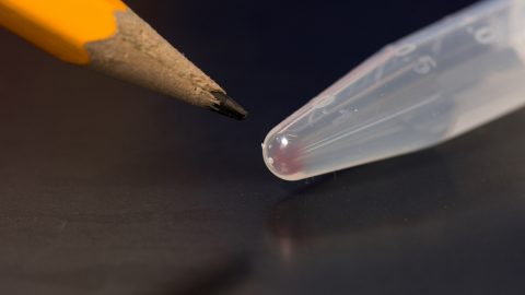 The tip of a pencil next to a test tube containing a small amount of blood