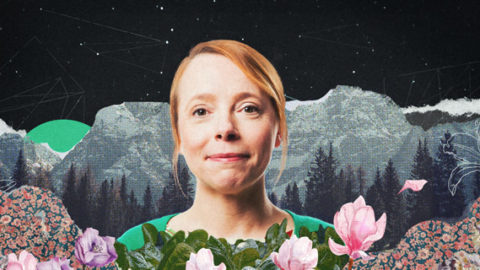 A graphic of asta roseway standing before flowers and mountains