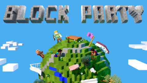 A graphic of a Minecraft block world, with "Block Party" also written in Minecraft blocks