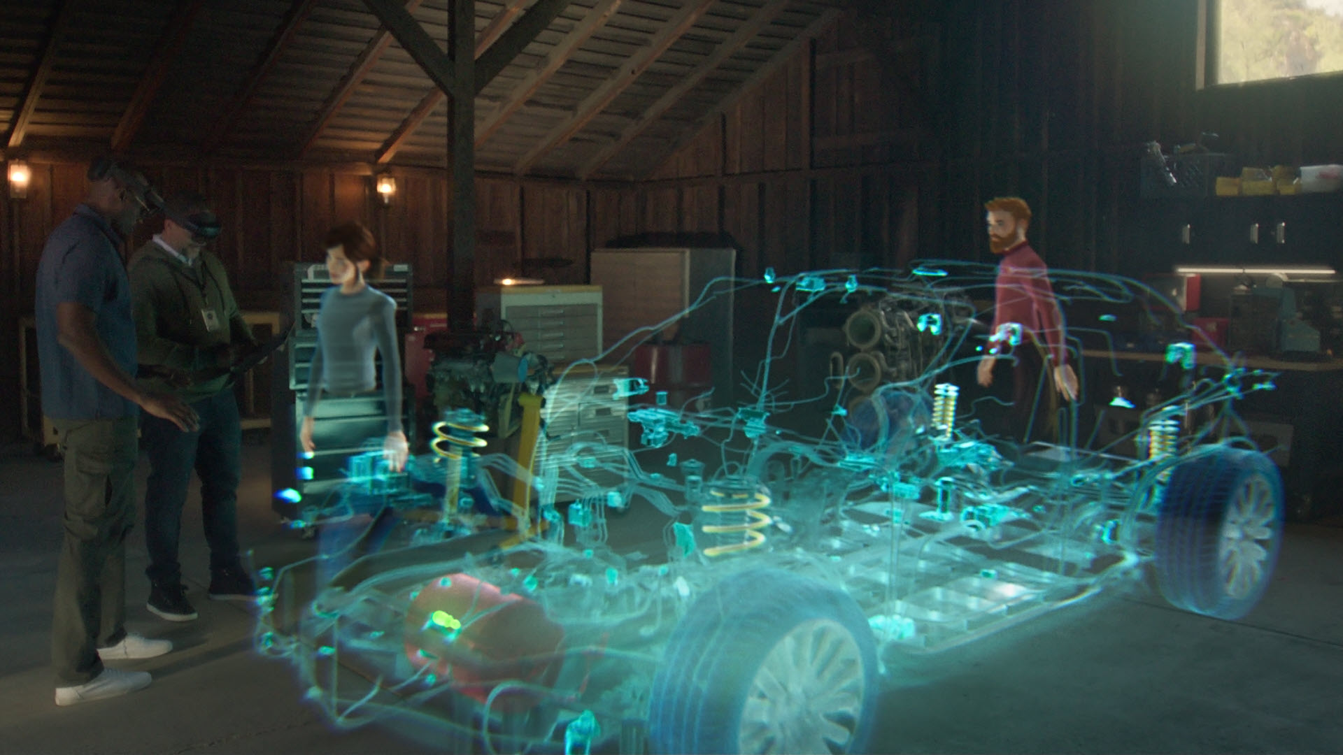 Avatars appear around a three-dimensional hologram of car schematics to illustrate a virtual design review session in mixed reality.