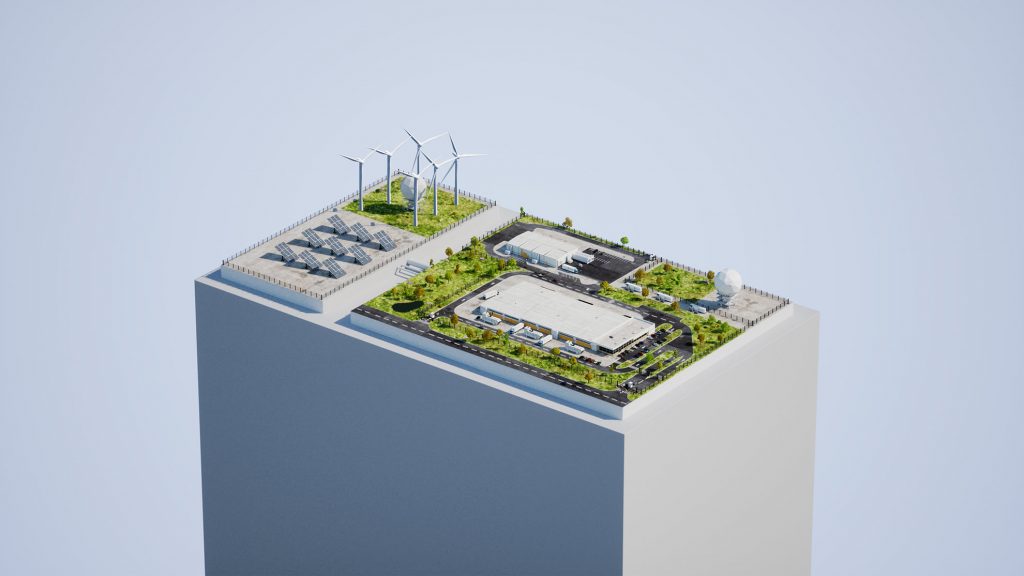 Artistic image of a datacenter building and related infrastructure including solar panels and wind turbines on a pedestal lifted toward the clouds.