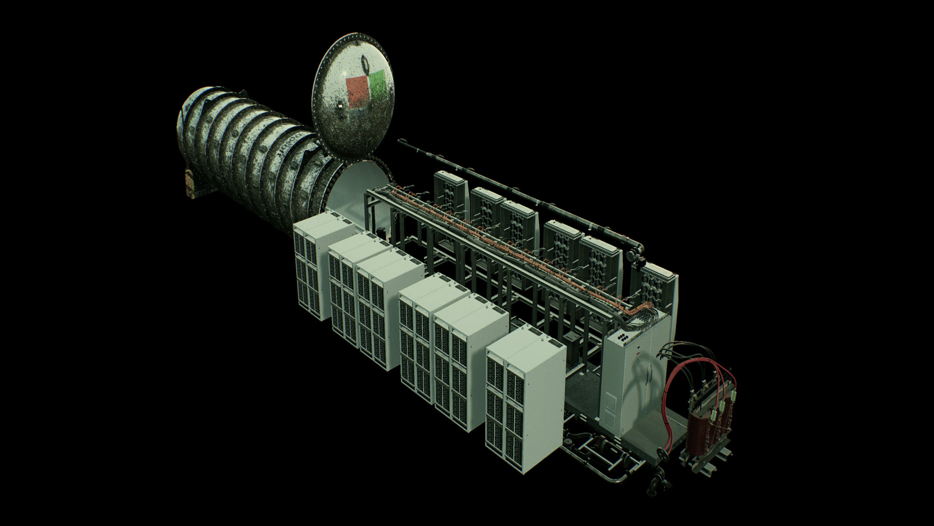 Artistic image of a Microsoft datacenter components designed to fit inside a submarine-like cylindrical tube.