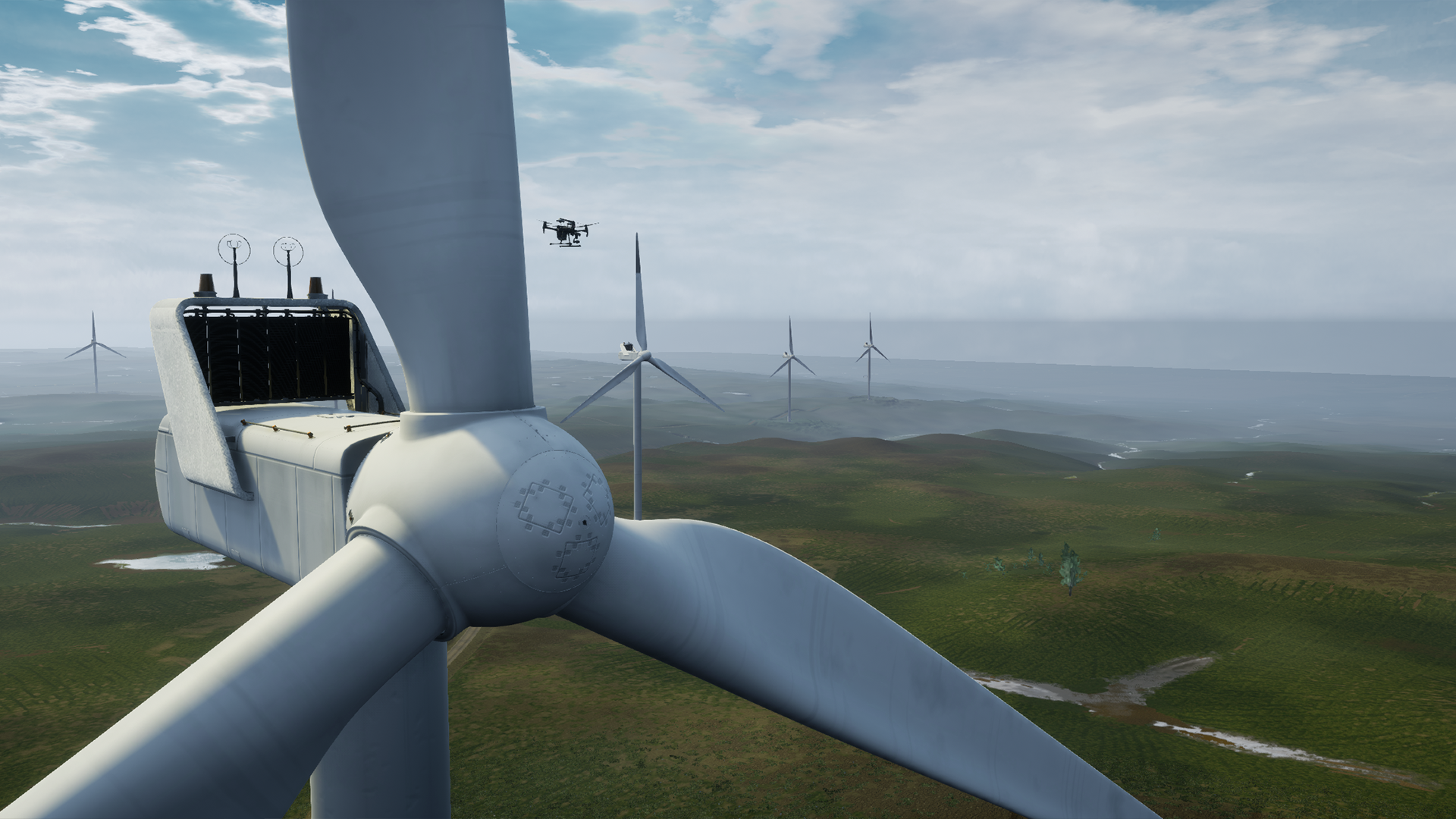 Имитация дрона, летящего рядом с ветряной турбиной.