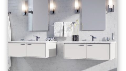 Two modern sinks, seeminglh in a bathroom, white color palette and mirrors above the sinks.