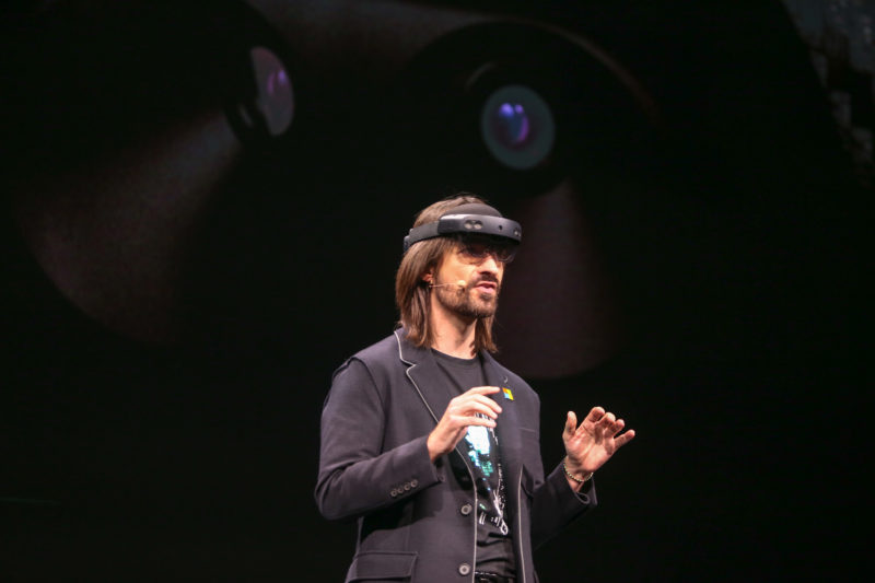 Microsoft Technical Fellow Alex Kipman wears a HoloLens 2 at MWC Barcelona