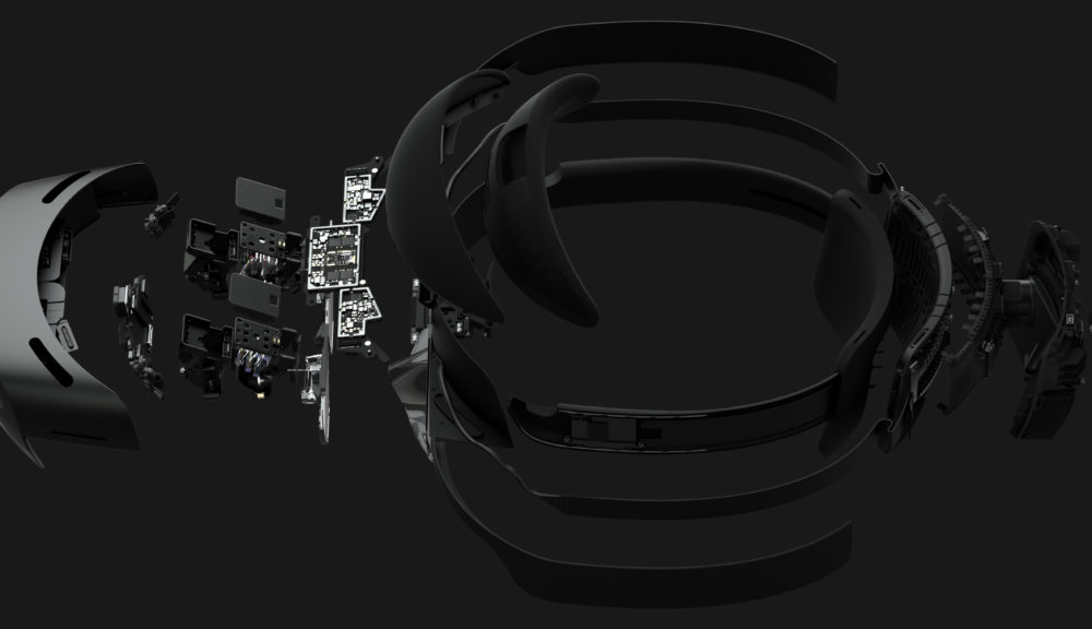 A cropped image of an expanded view shoes intricate parts of a HoloLens 2