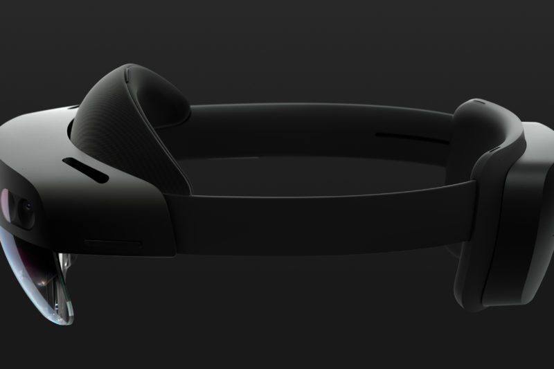 A side view of a sleek black HoloLens 2