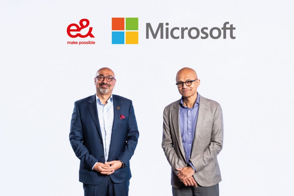 e&-chief-Hatem-Dowidar-with-Satya-Nadella,-CEO-and-Chairman-Microsoft