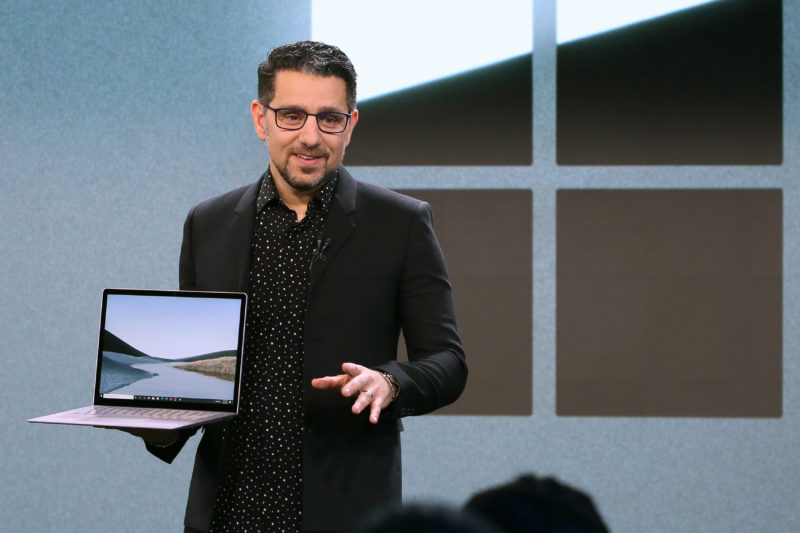 At a Microsoft event Panos Panay holds the Surface Laptop 3. Oct. 2, 2019.