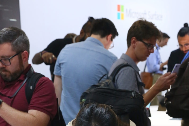Visitors view new Surface devices at a Microsoft event on Oct. 2, 2019.