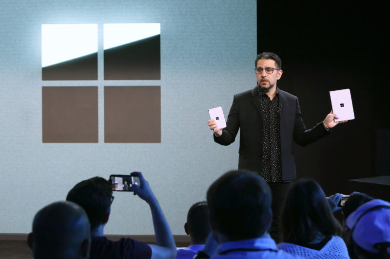At a Microsoft event Panos Panay introduces dual-screen devices Surface Neo and Surface Duo. Oct. 2, 2019