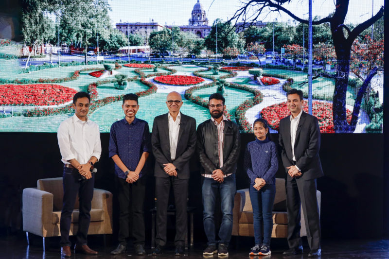 Microsoft CEO Satya Nadella and Microsoft India President, Anant Maheshwari with student innovators at the Young Innovators Summit in Delhi. Right to left - Anant Maheshwari, Namya Joshi, Ishlok Vashistha, Satya Nadella, Pratik Mohapatra, and Bhaskar Basu, Director, Strategic Growth, Microsoft India