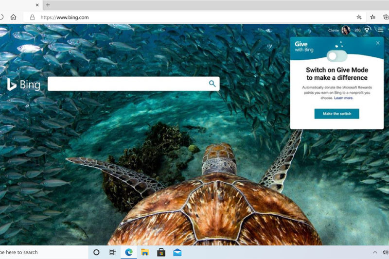 Screenshot of Bing with Give mode enabled