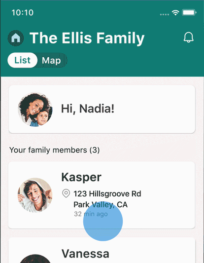 Short animation of list of family member locations on iPhone