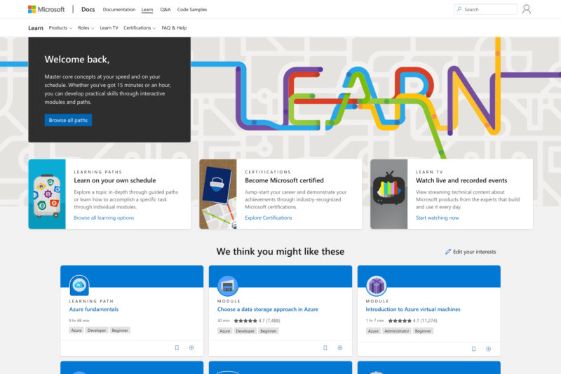 screenshot of Microsoft Learn homepage