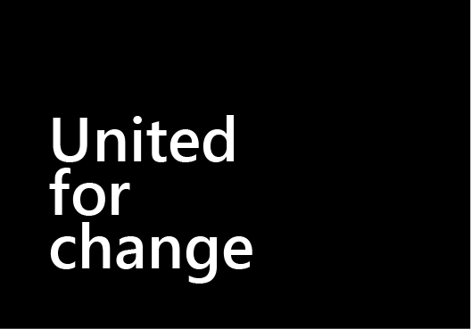 black square with white text reading "united for change"