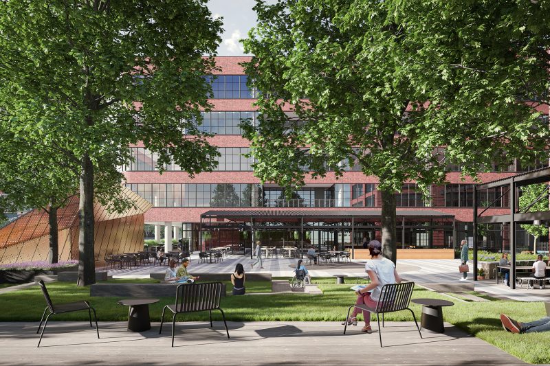 Artist rendering of people sitting in the outdoor plaza space at Atlantic Yards