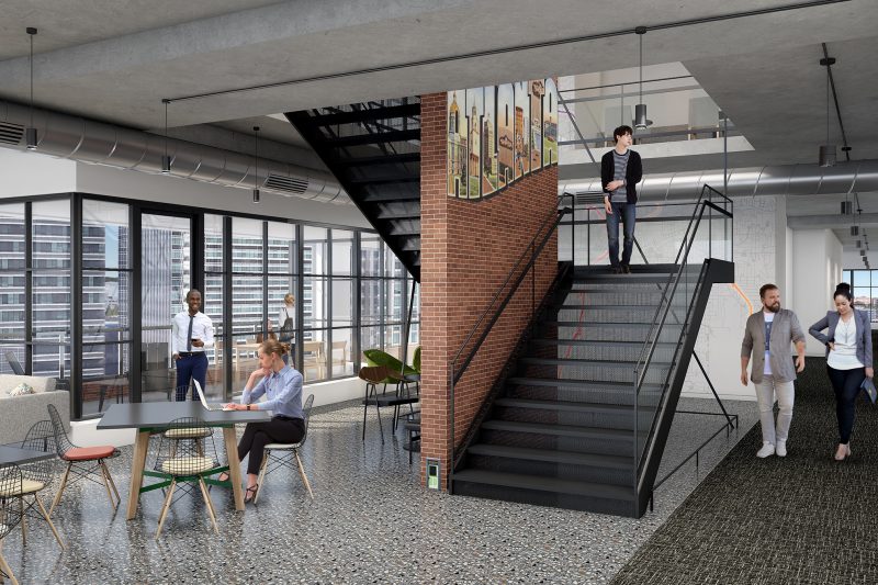 Artist rendering of people in a hub space