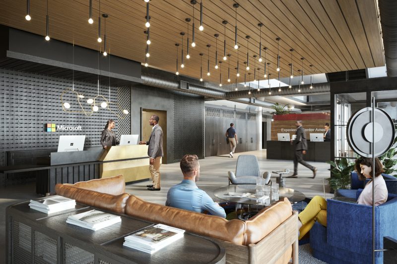 Artist rendering of people in a lobby and reception area