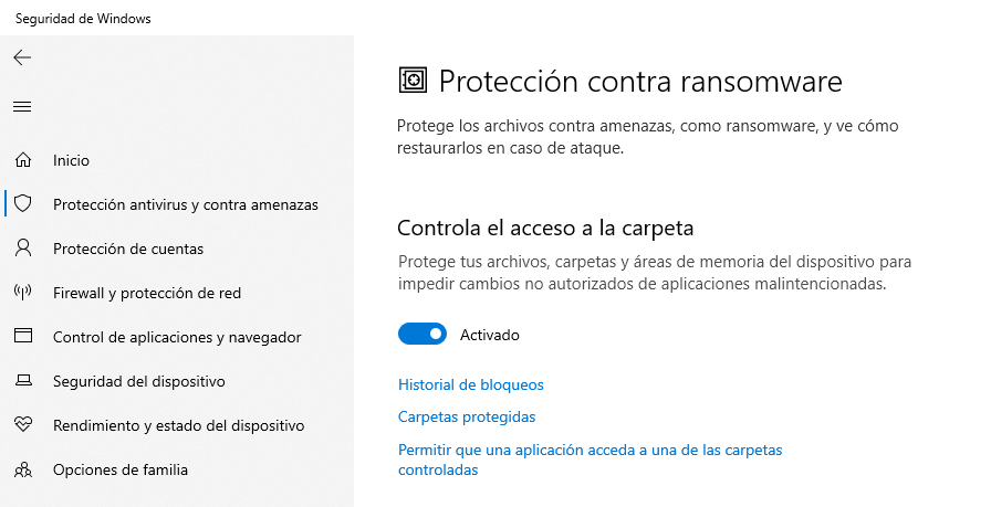 Sección Antiransomware de Windows Defender