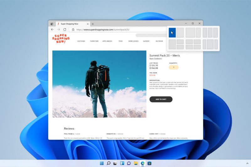 Screenshot of Windows 11 snap screen settings window