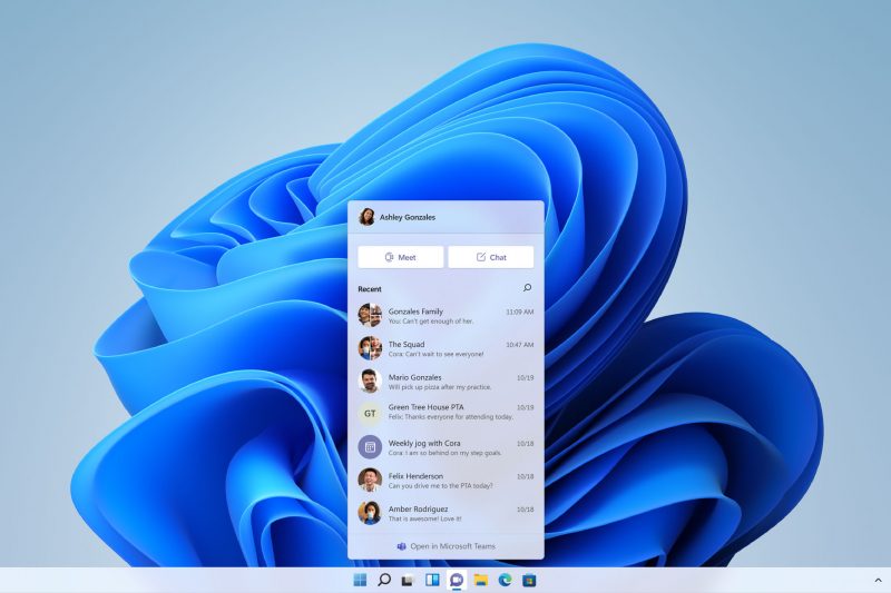 Screenshot of Windows 11 start screen with Teams integration window open