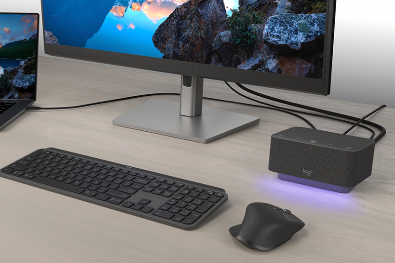 The Logi Dock docking station sits on a table