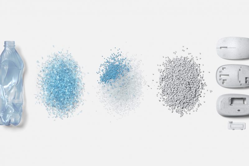 Recycling process visualized with plastic water bottle, crushed plastic, plastic dust, plastic particles, and the Ocean Plastic Mouse frame