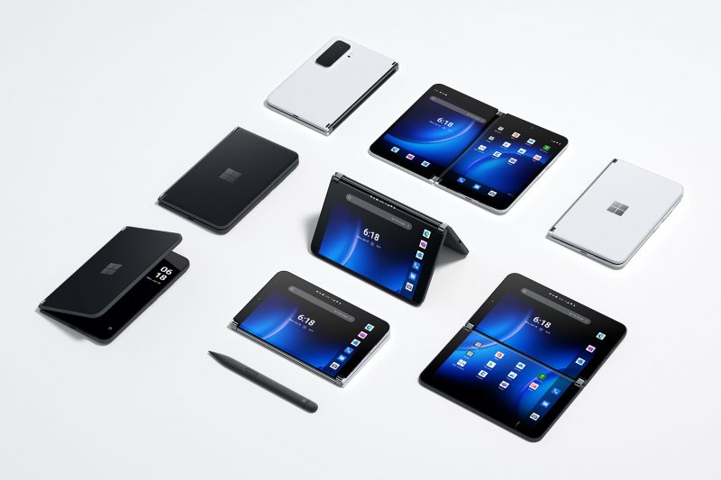 Eight Surface Duo 2 phones and a black Surface pen