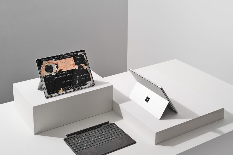 Surface Pro 8 with case open to show exposed internal components