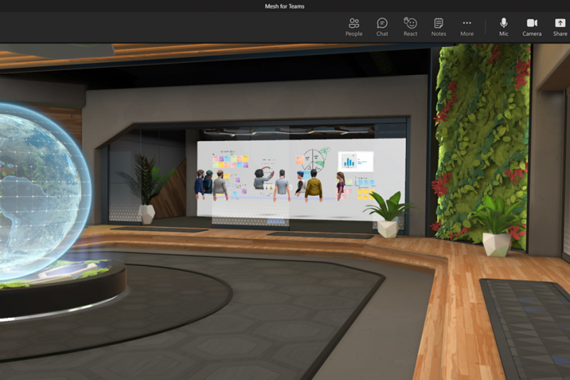 Two avatars in an immersive space that resembles a virtual lobby