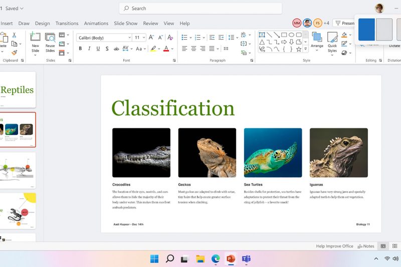 A screenshot of a PowerPoint presentation with reptiles showing
