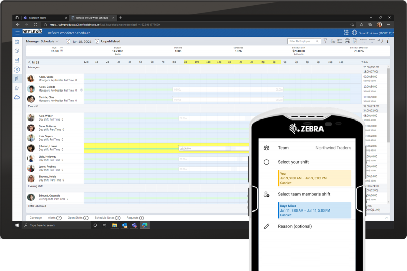 A screenshot showing Reflexis workforce management and Shifts in Teams