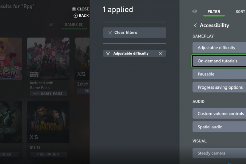 Filter capability highlighted in Xbox Store, with adjustable difficulty tag under GamePlay category selected, On-Demand Tutorials in focus.  One tag, Adjustable Difficulty, applied.  