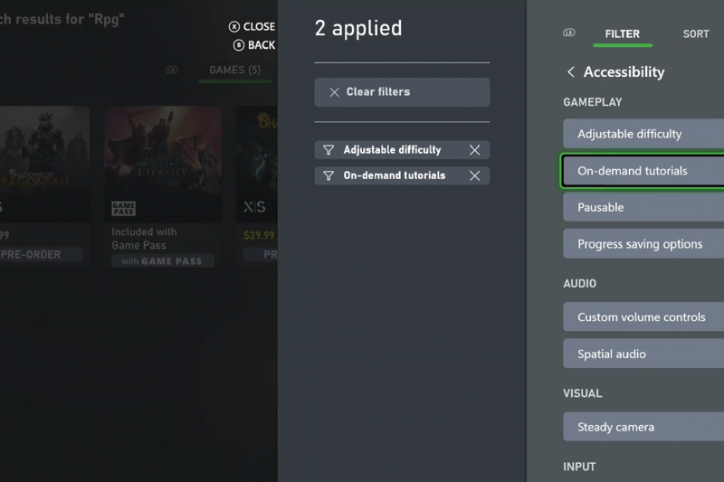 Filter capability highlighted in Xbox Store, with adjustable difficulty and On-Demand Tutorials tag under GamePlay category selected,  and both tags applied.  