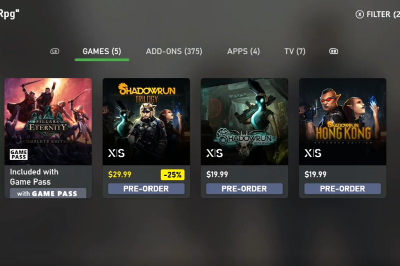Filter capability highlighted in Xbox Store, with RPG search applied, showing 5 different games and highlighting Shadowrun: Dragonfall.