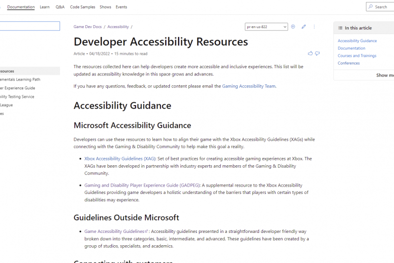 Gaming Developer Accessibility Resource Hub landing page shown in light mode with accessibility guidance, documentation, courses and trainings, conferences, testing tools and developer tools 