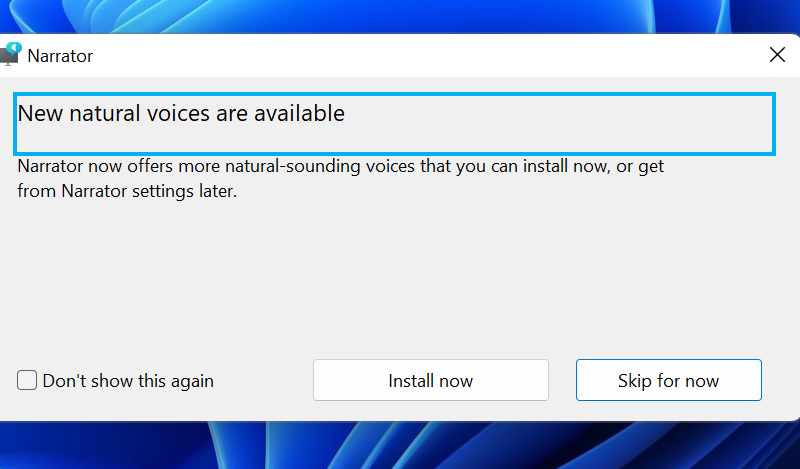 Narrator screen of natural voices available in Windows 11