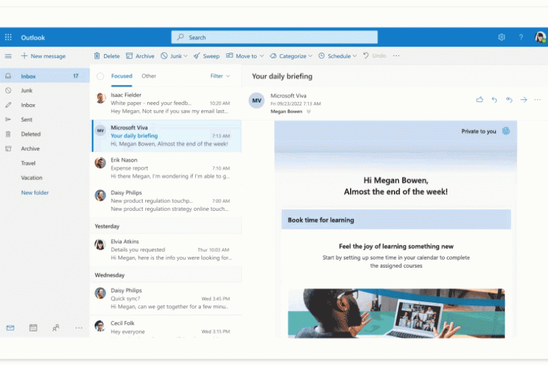 Outlook window with briefing email scrolling and clicking on buttons to book time for learning, confirming topics, booking meeting recap time, and booking time to take a break.