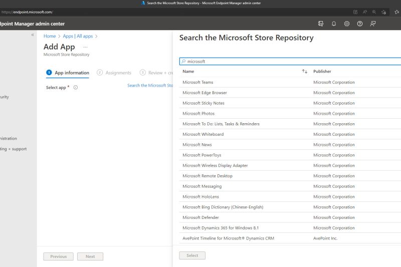 The Apps section of the Microsoft Endpoint Manager Admin Center open on the web showcasing the Microsoft store repository.