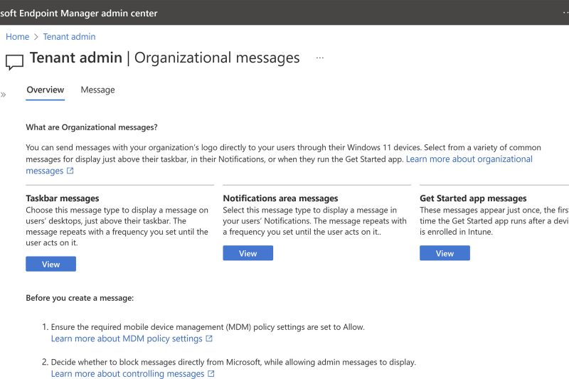 Screenshot of the Microsoft Endpoint Manager Admin center opened to the Tenant admin settings page for Organizational messages
