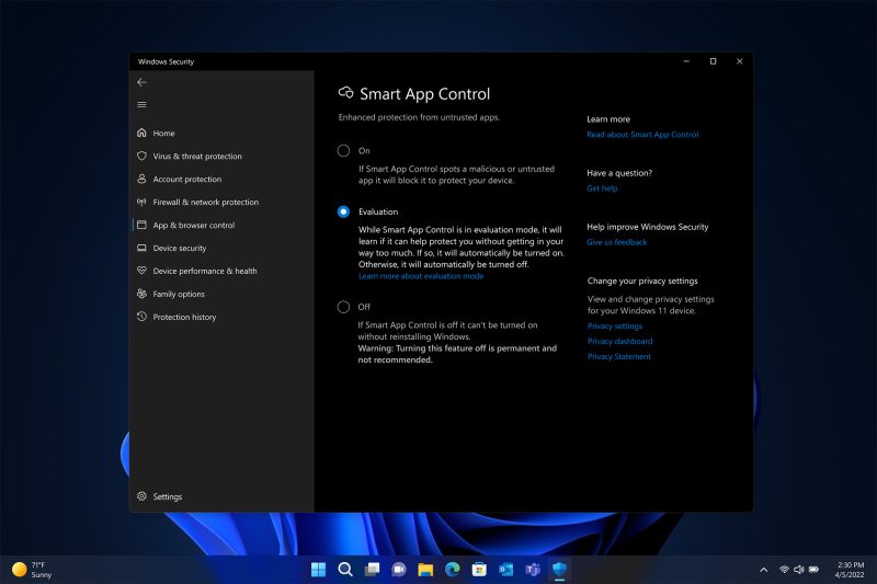 Screenshot of Smart App Control settings window in Windows Settings under the App & browser control section