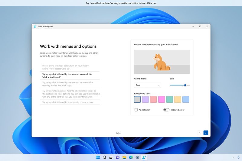 Light blue desktop with a Voice access guide window in the middle. Listening banner at the top of the screen to enable microphone and voice access. Right side of the image has an option to customize your animal friend with an animation of a dog.