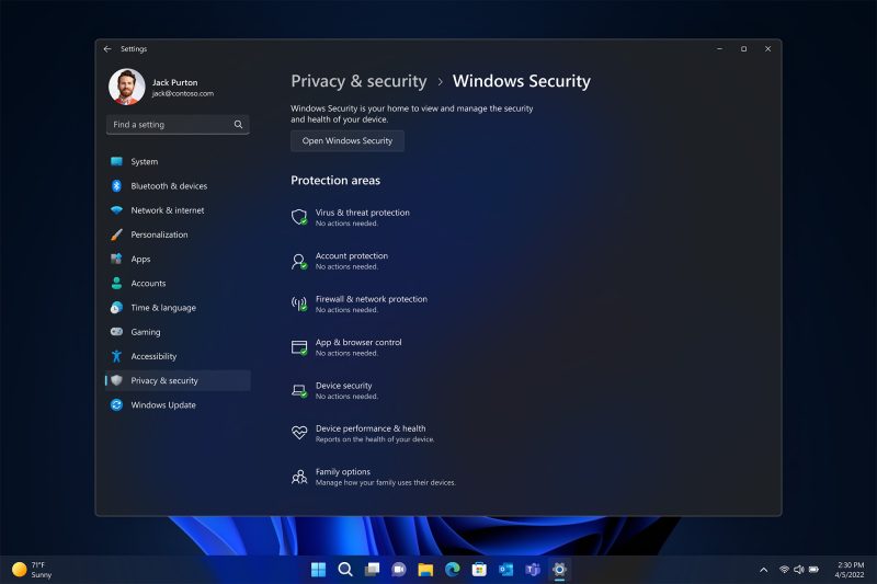 Windows 11 settings app with the privacy & security section open showcasing options for Windows Security Protection Areas